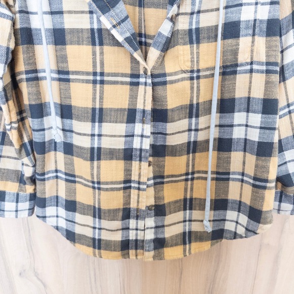 Y2K American Eagle Womens Hooded Flannel Shirt Sz M Yellow Plaid Grunge Gorpcore - Picture 3 of 7
